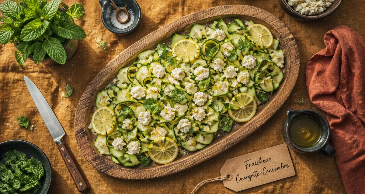 Salade courgette concombre feta menthe sur planche bois