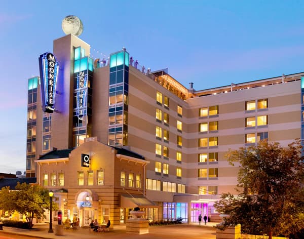 The Moonrise Hotel with a huge rotating man-made moon on the roof.