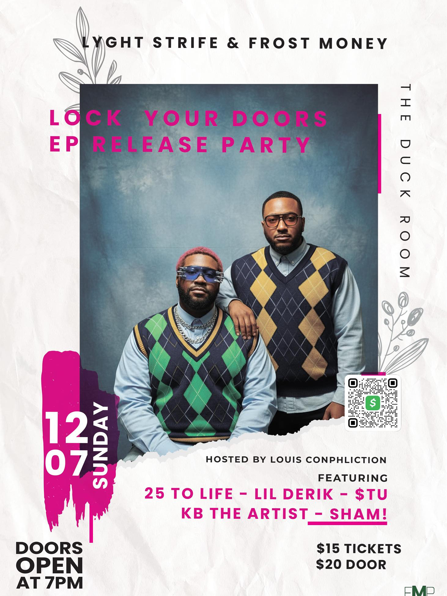 Two men in colorful argyle sweater vests pose together in a studio portrait. The poster promotes Lock Your Doors EP Release Party on December 7th at The Duck Room, featuring several artists. Event details and prices are included.