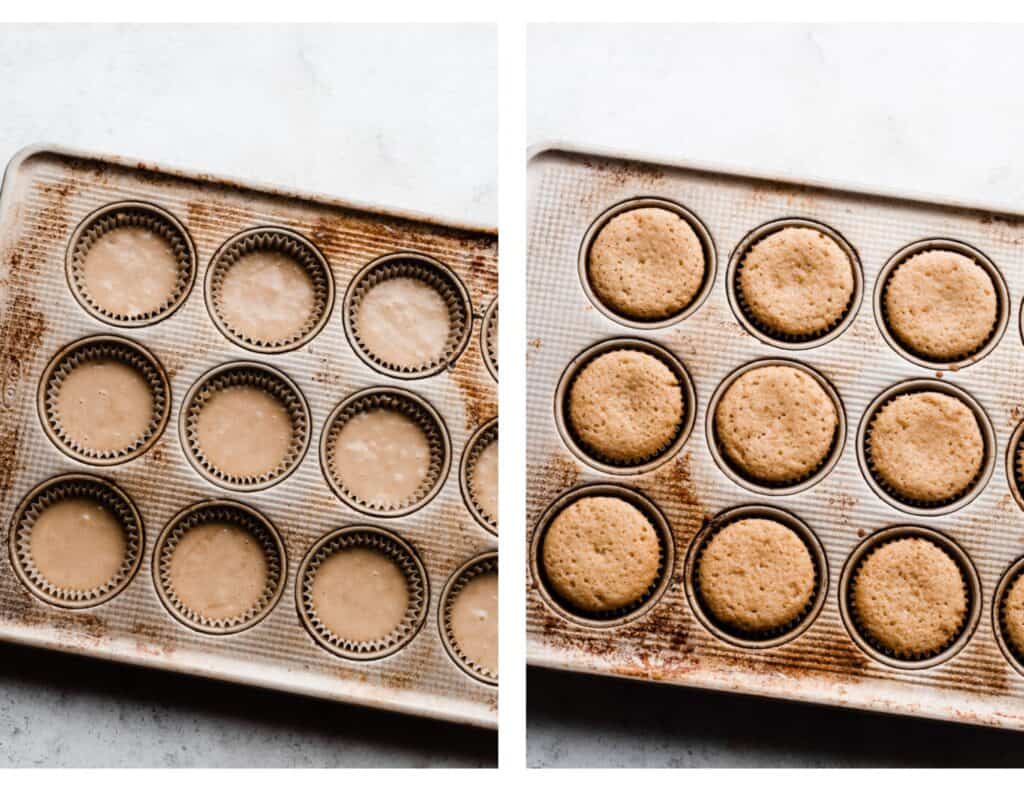 Two images: a cupcake pan of the raw batter, and a cupcake pan full of the baked cupcakes.