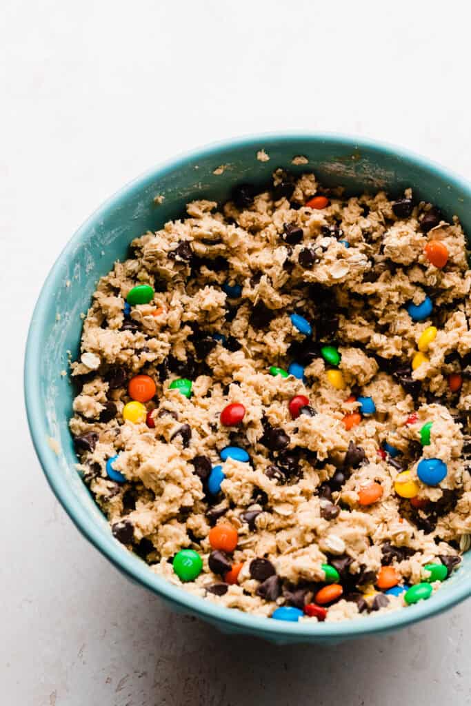 A mixing bowl full of the finished cookie dough.