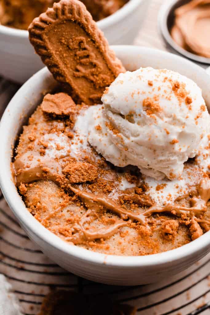 A close-up of the top of the mug cake with all the toppings and melty vanilla ice cream.