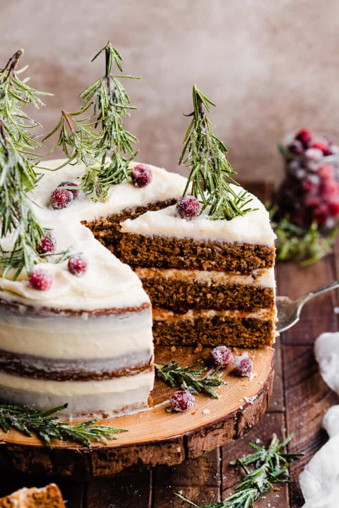 A photo of the sliced open cake with a cake server lifting a piece out.
