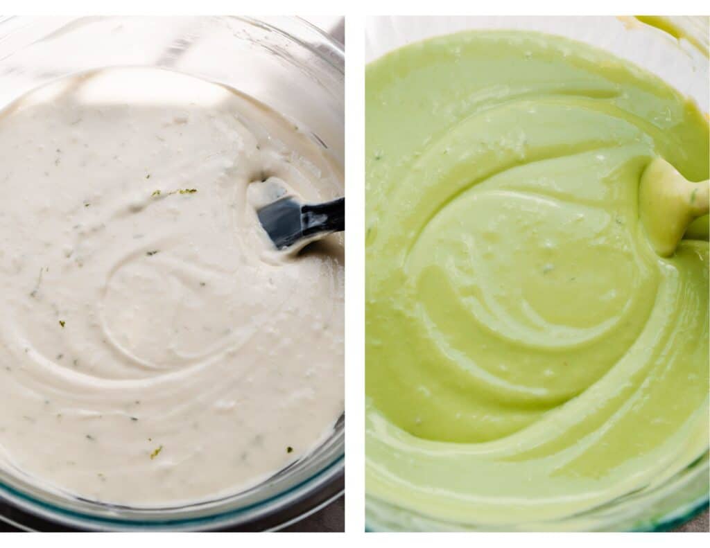 The key lime and lime curd cheesecake batters.