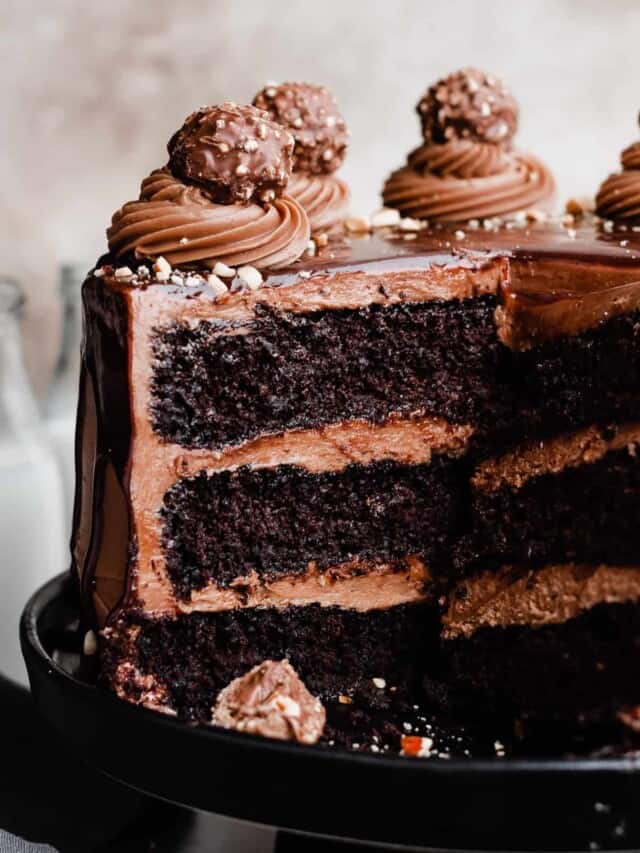 A close-up of the inside of a nutella chocolate cake, showing the layers of cake and nutella frosting.