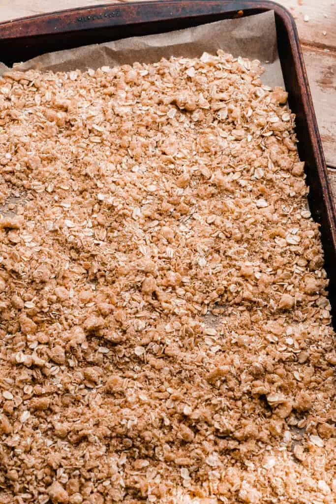 A pan of the unbaked oat streusel.
