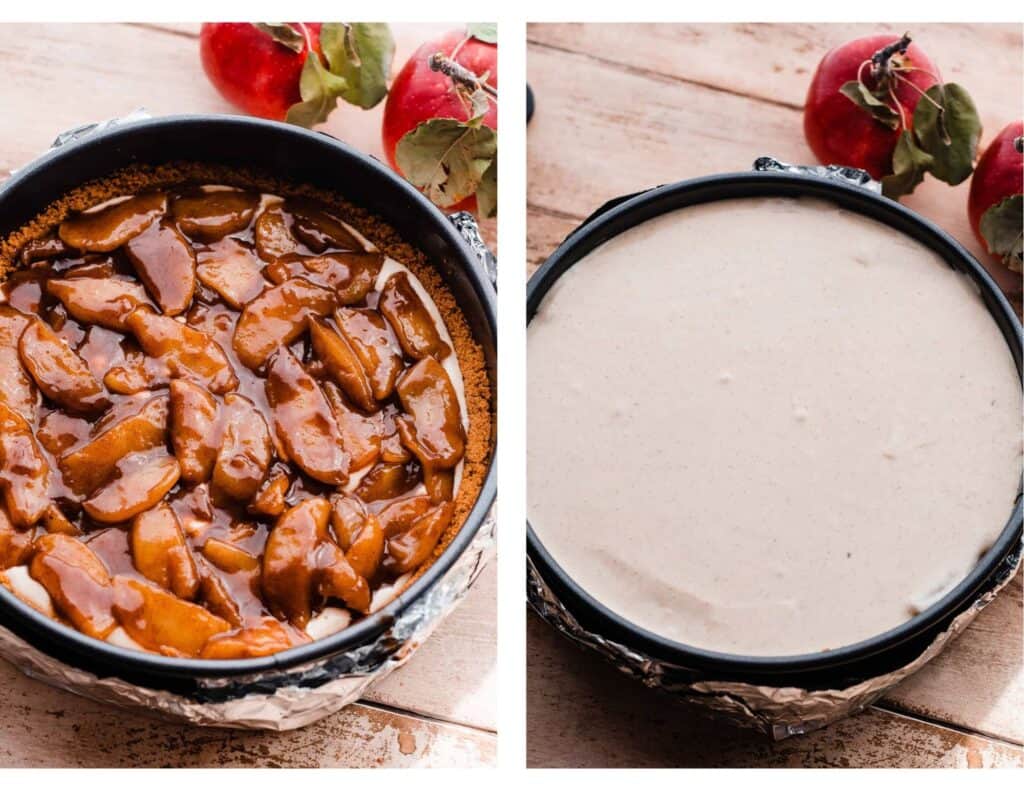 A photo of half the cheesecake batter topped with apple pie filling, and a photo of the filled cheesecake pan.