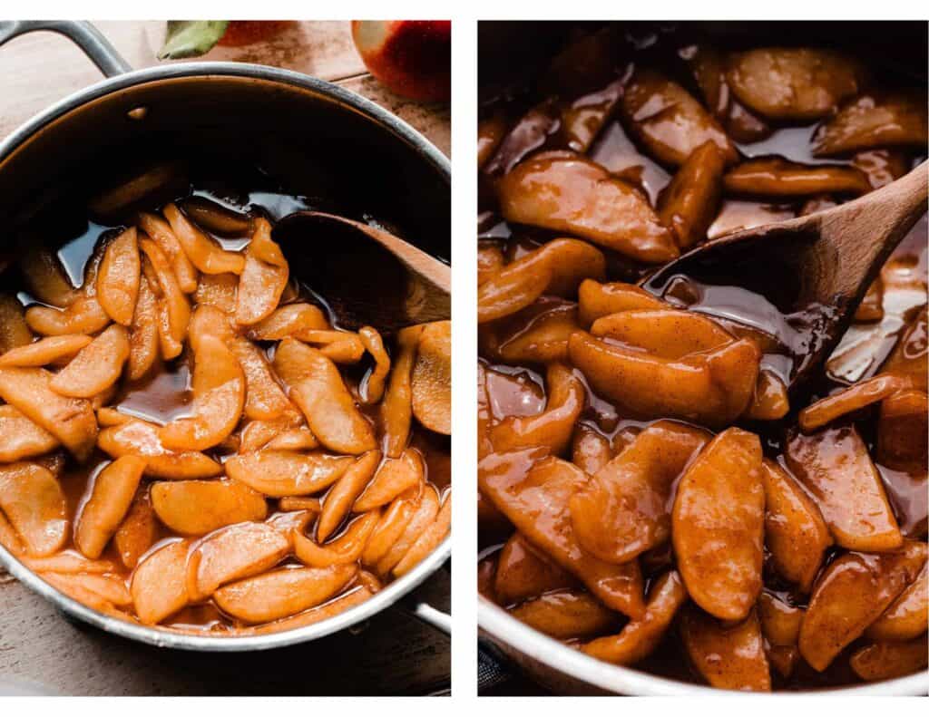 A spoon stirring the apple pie filling before and after it's thickened with corn starch.