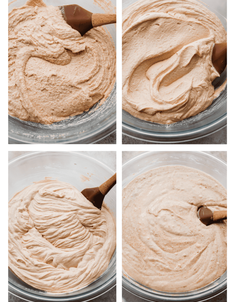 Four images of the cake batter coming together.