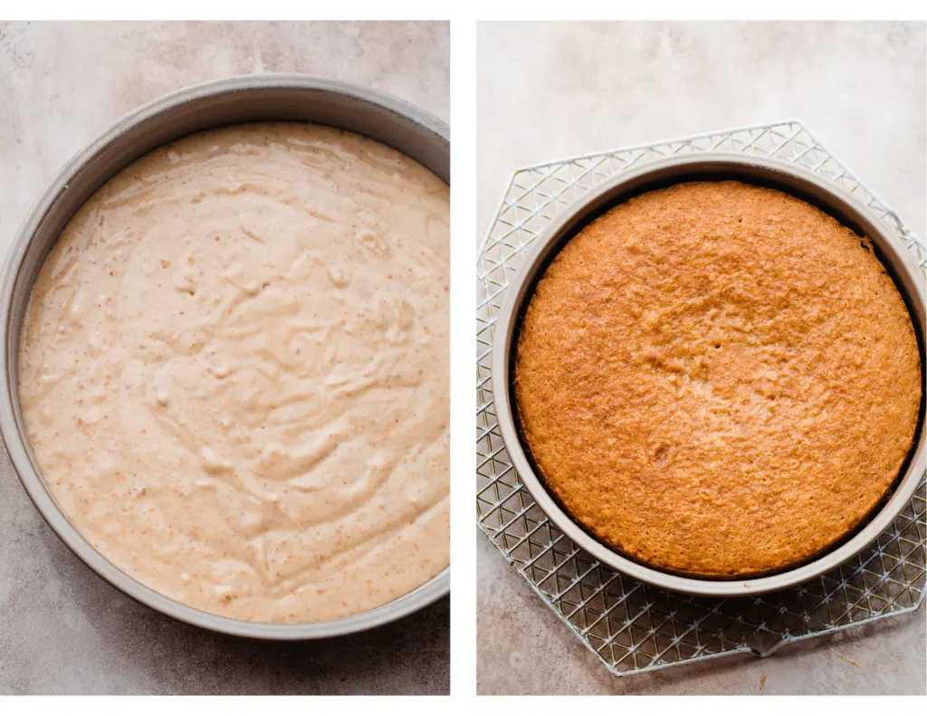 Cake batter in a cake pan, and a baked cake layer on a cooling rack.