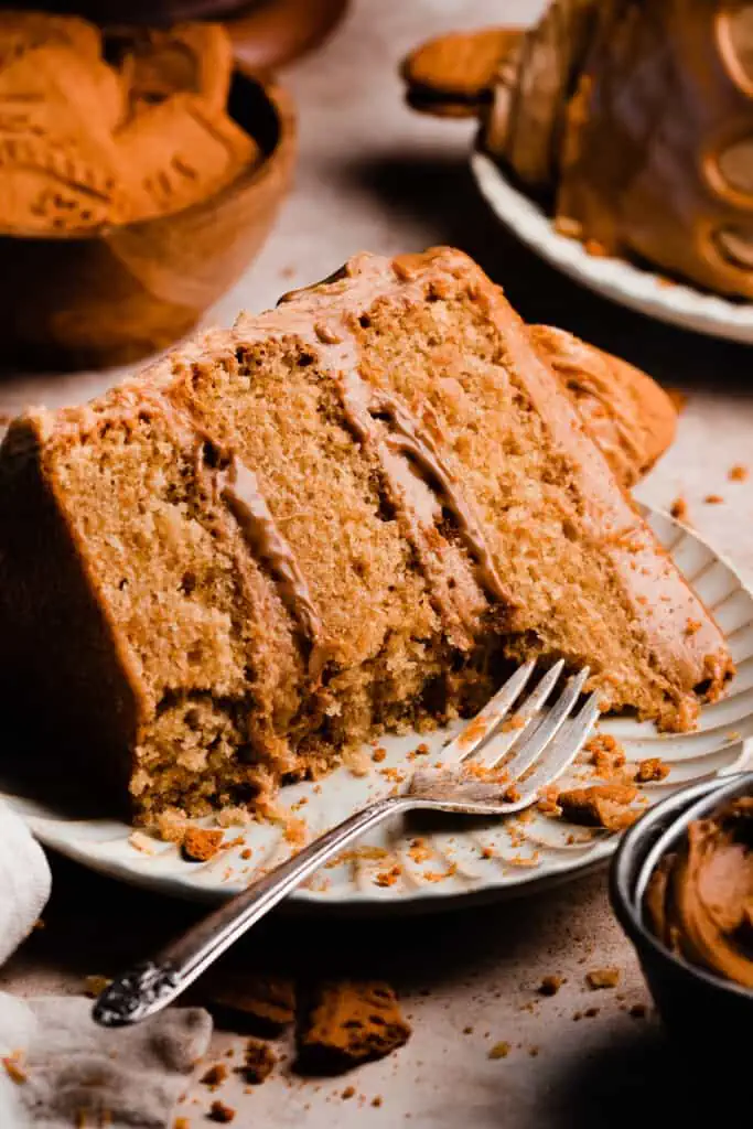A slice of the biscoff cake on a plate, with a few bites missing.