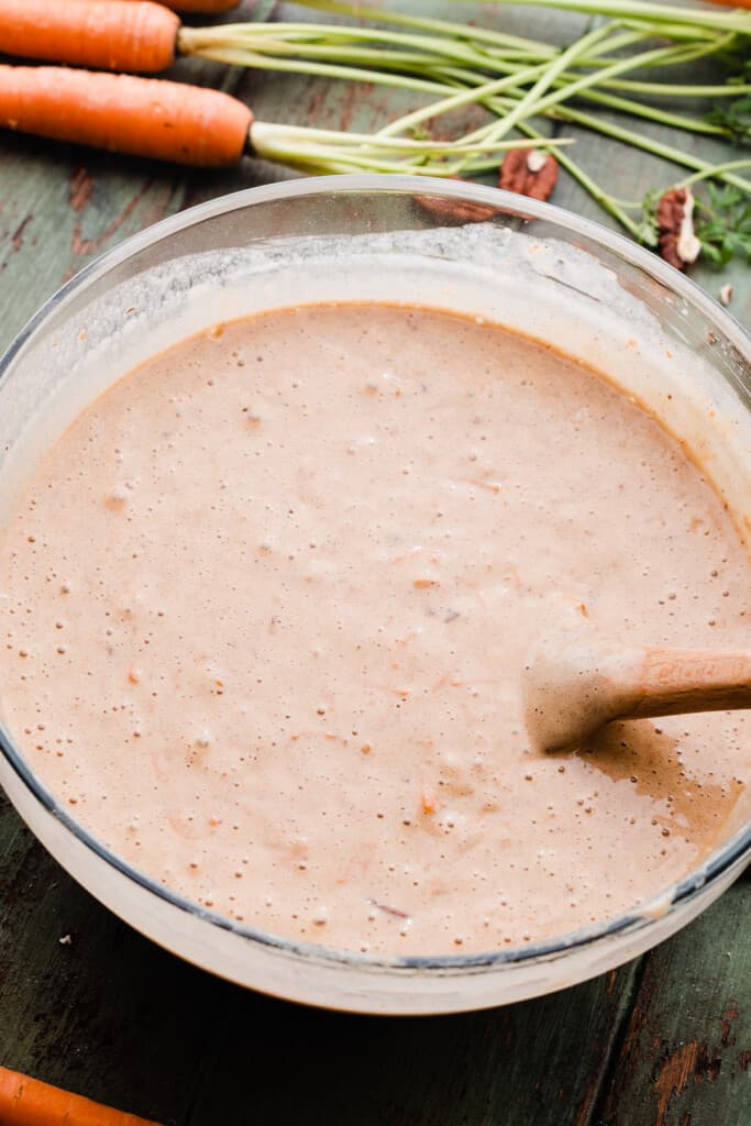 A bowl of cake batter. 