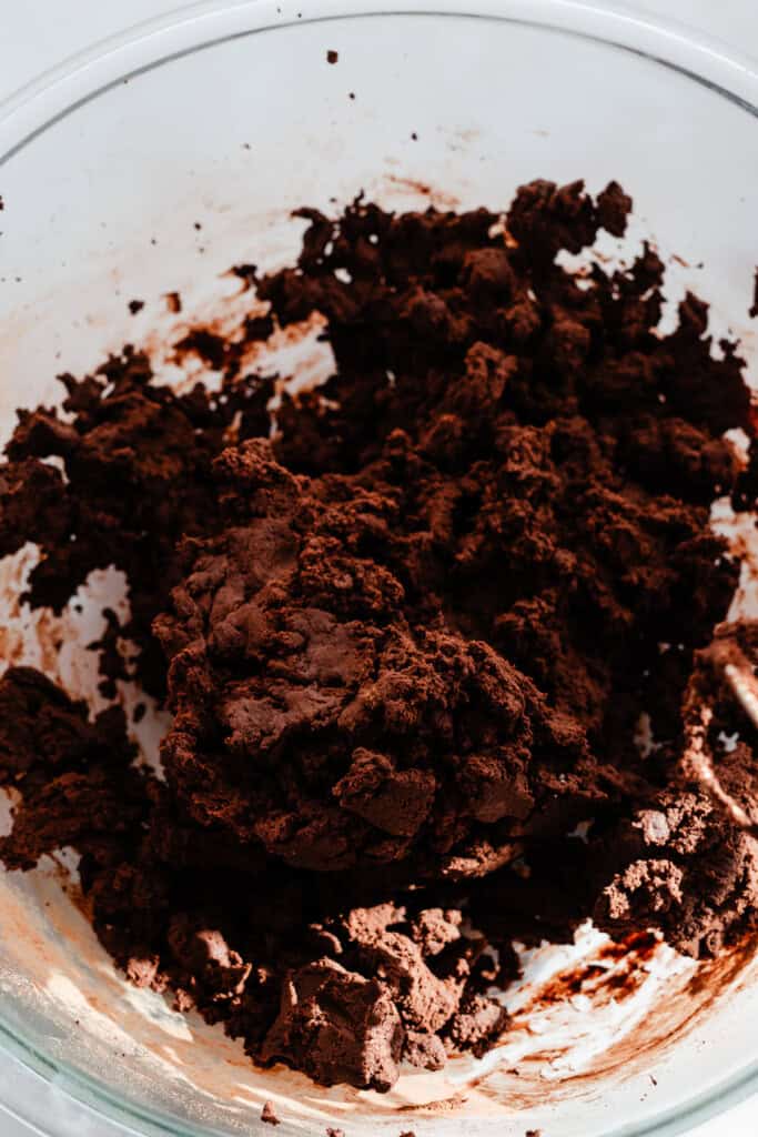 A bowl of a clumpy chocolate mixture consisting of butter, powdered sugar, and cocoa powder.