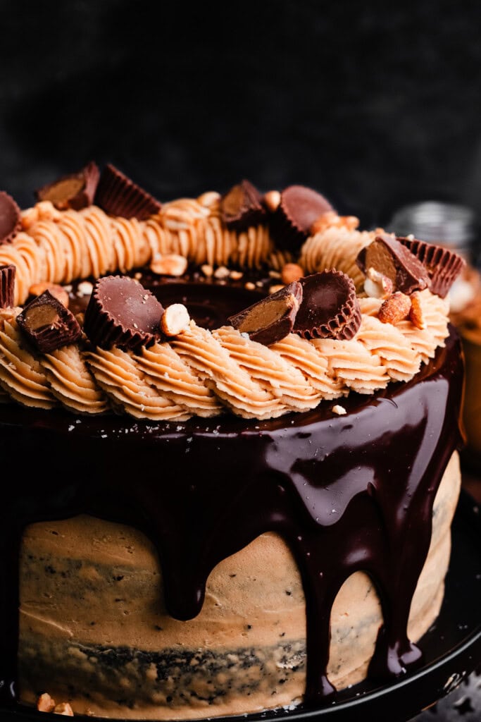 A three-layer chocolate cake, frosted in peanut butter frosting.