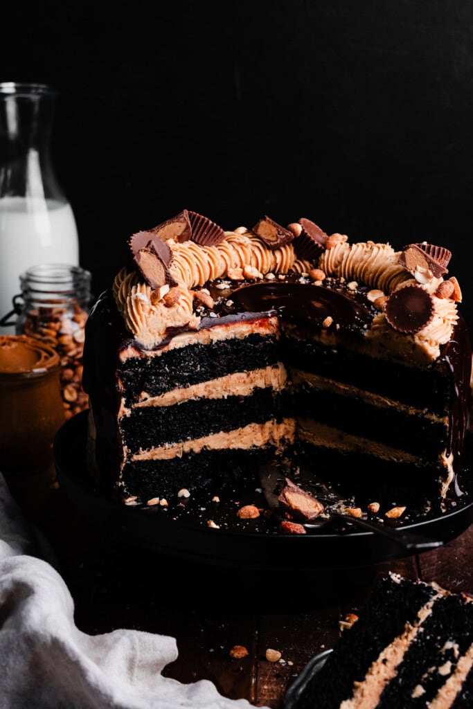 A three-layer chocolate cake, sliced open to reveal the layers of peanut butter frosting inside.