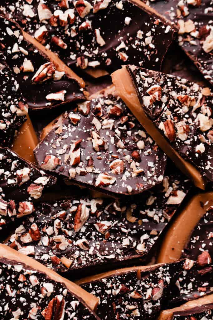 A close-up on pieces of the homemade toffee.