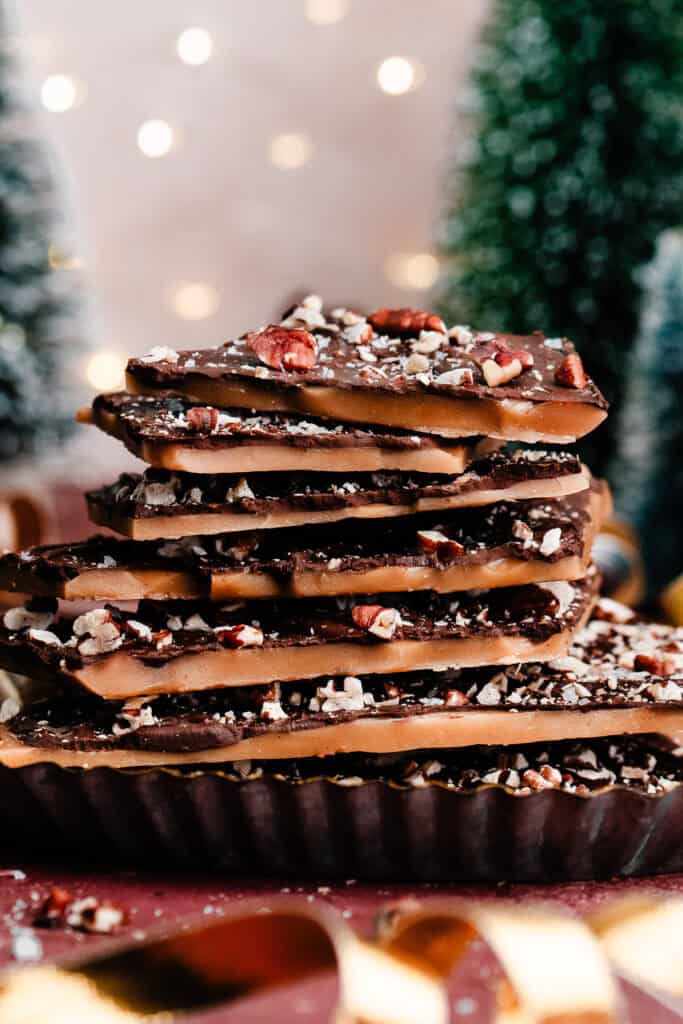 A stack of homemade toffee pieces.