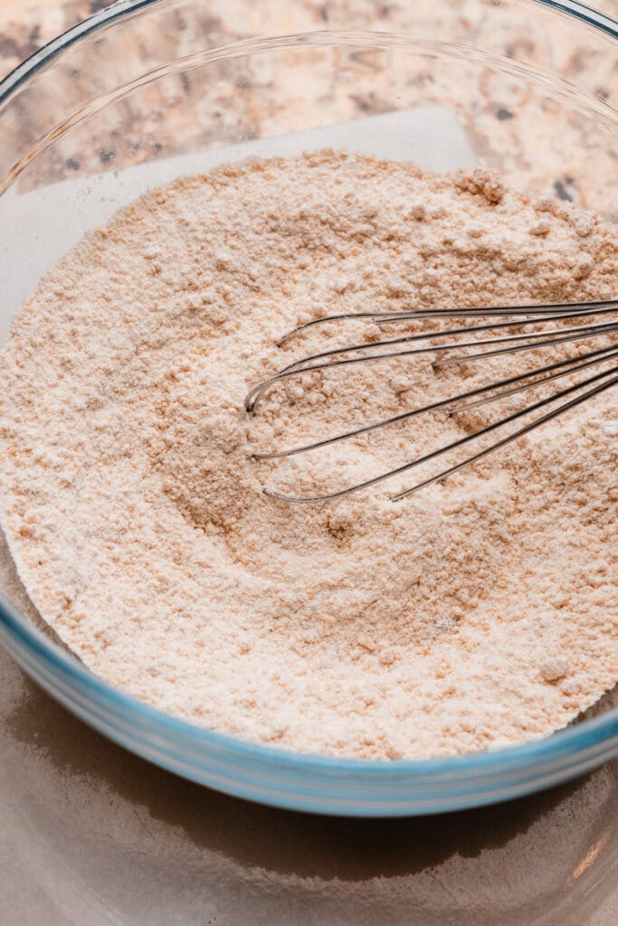 A bowl of the dry ingredients, whisked together.