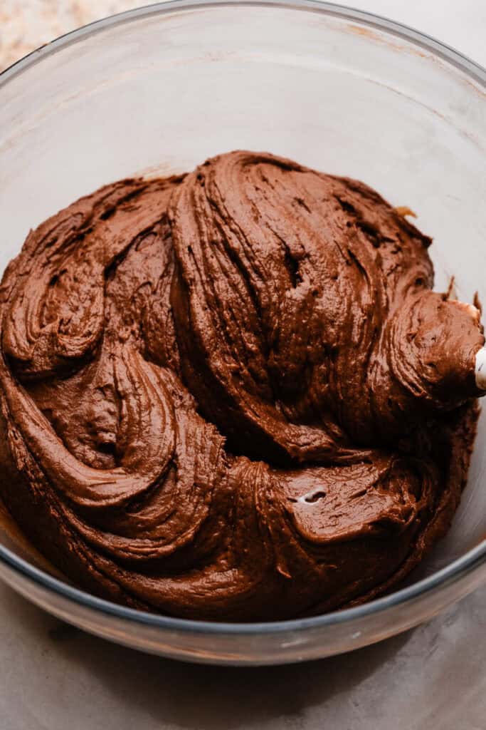 A bowl of thick chocolate batter.