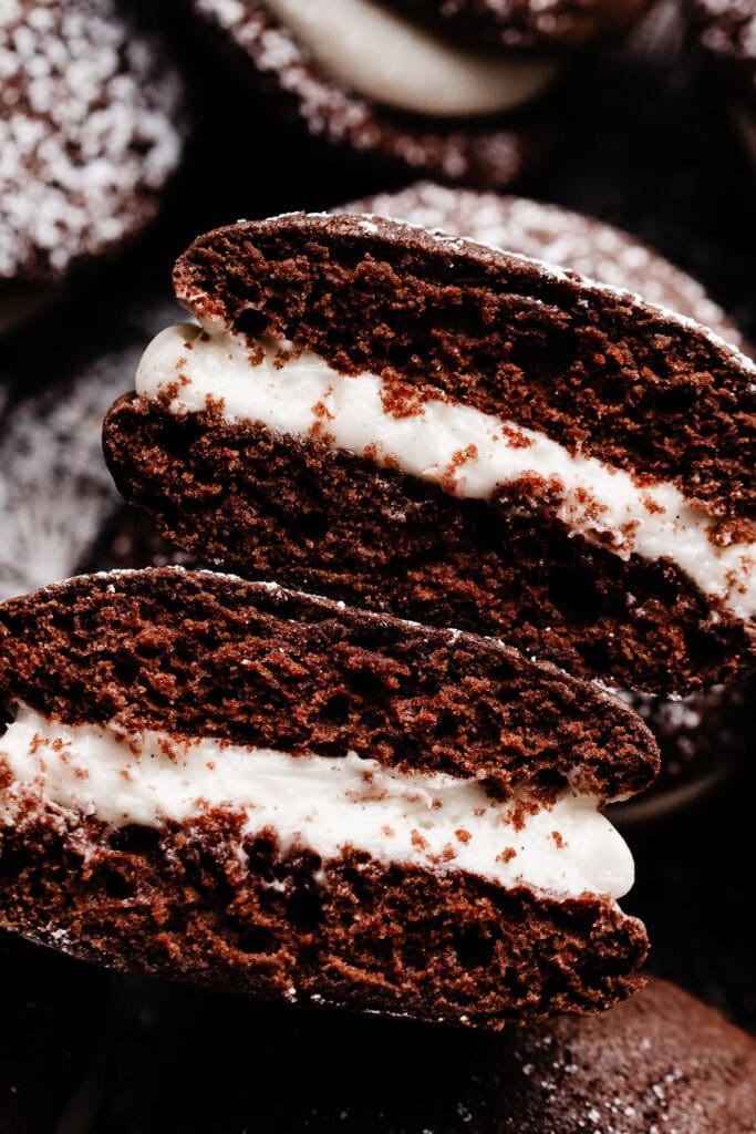 A close-up on two halves of a whoopie pie.