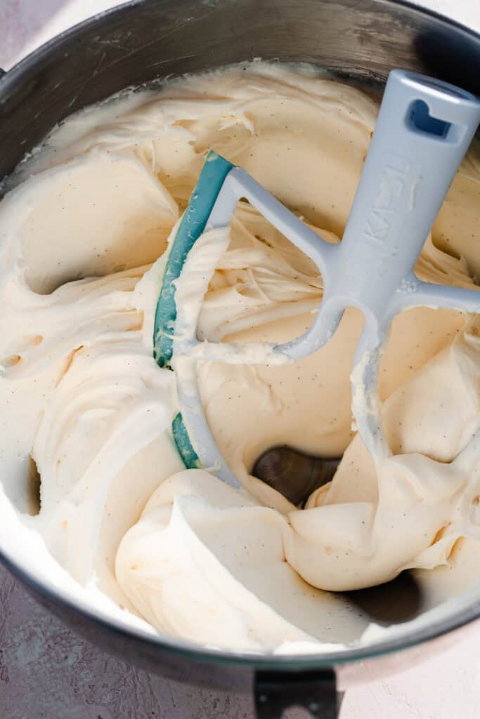 A bowl of super silky, luscious cream cheese frosting.