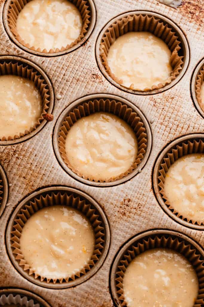 Cupcake batter in the pan, ready to go into the oven.
