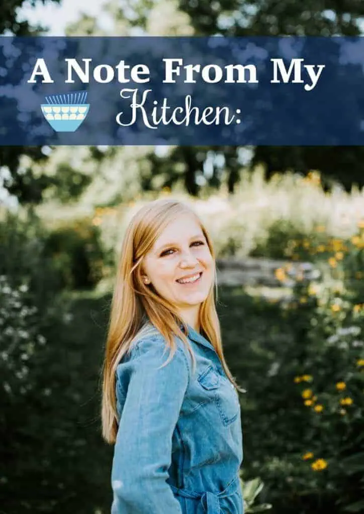 A photo of me, Stephanie Simmons, founder of Blue Bowl Recipes, with a text banner that reads "a note from my kitchen".