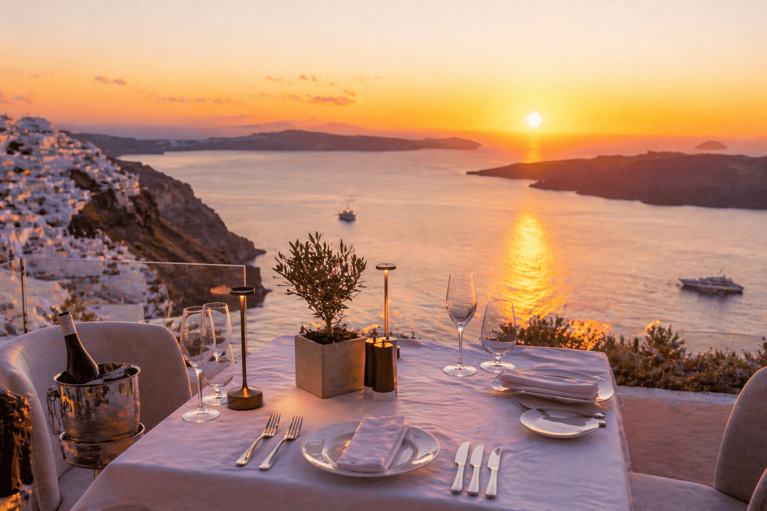 Romantic sunset view over Santorini with a beautifully set outdoor dining table.
