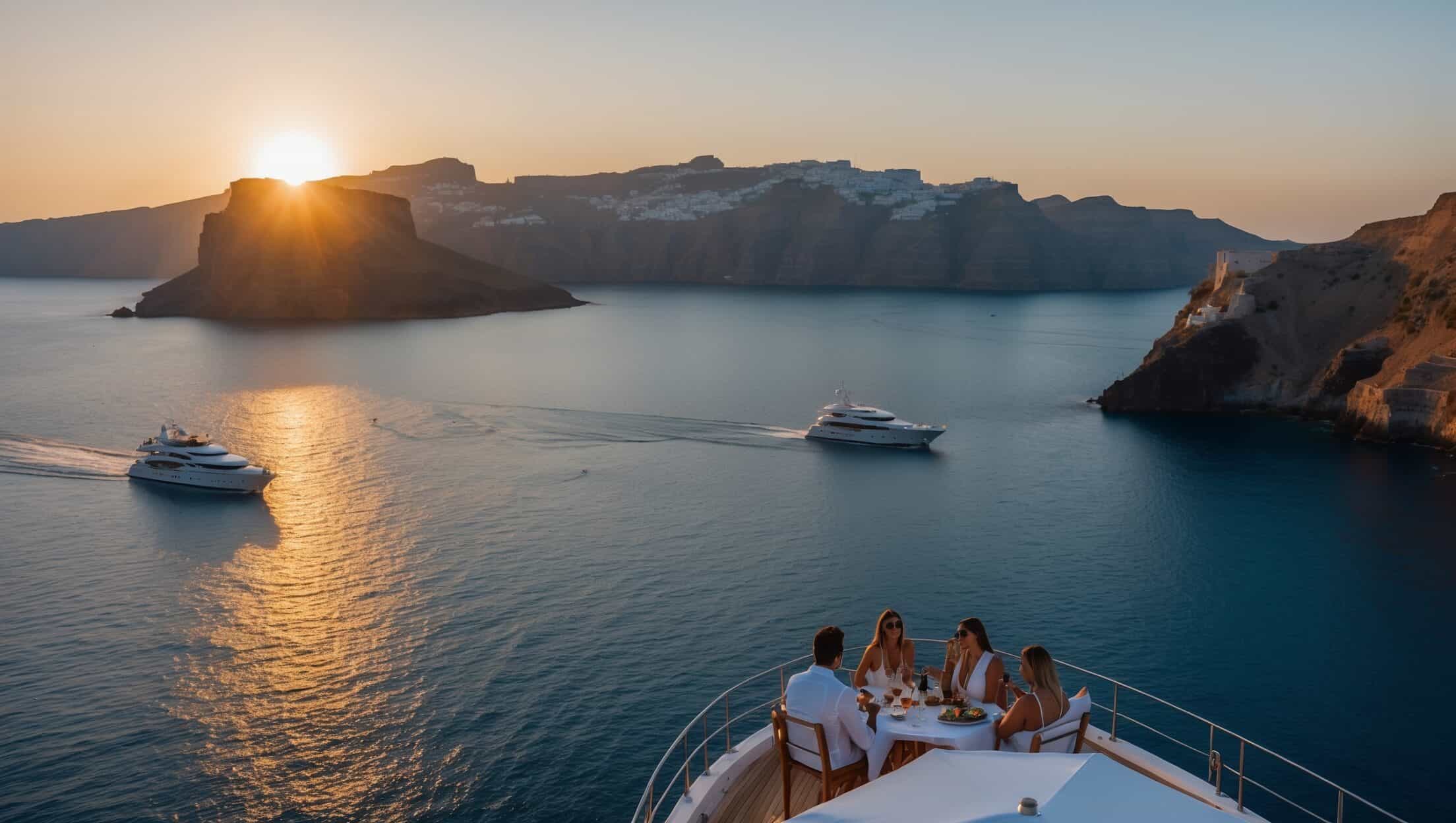Sunset over Santorini caldera with yachts and a dining area on a boat deck.