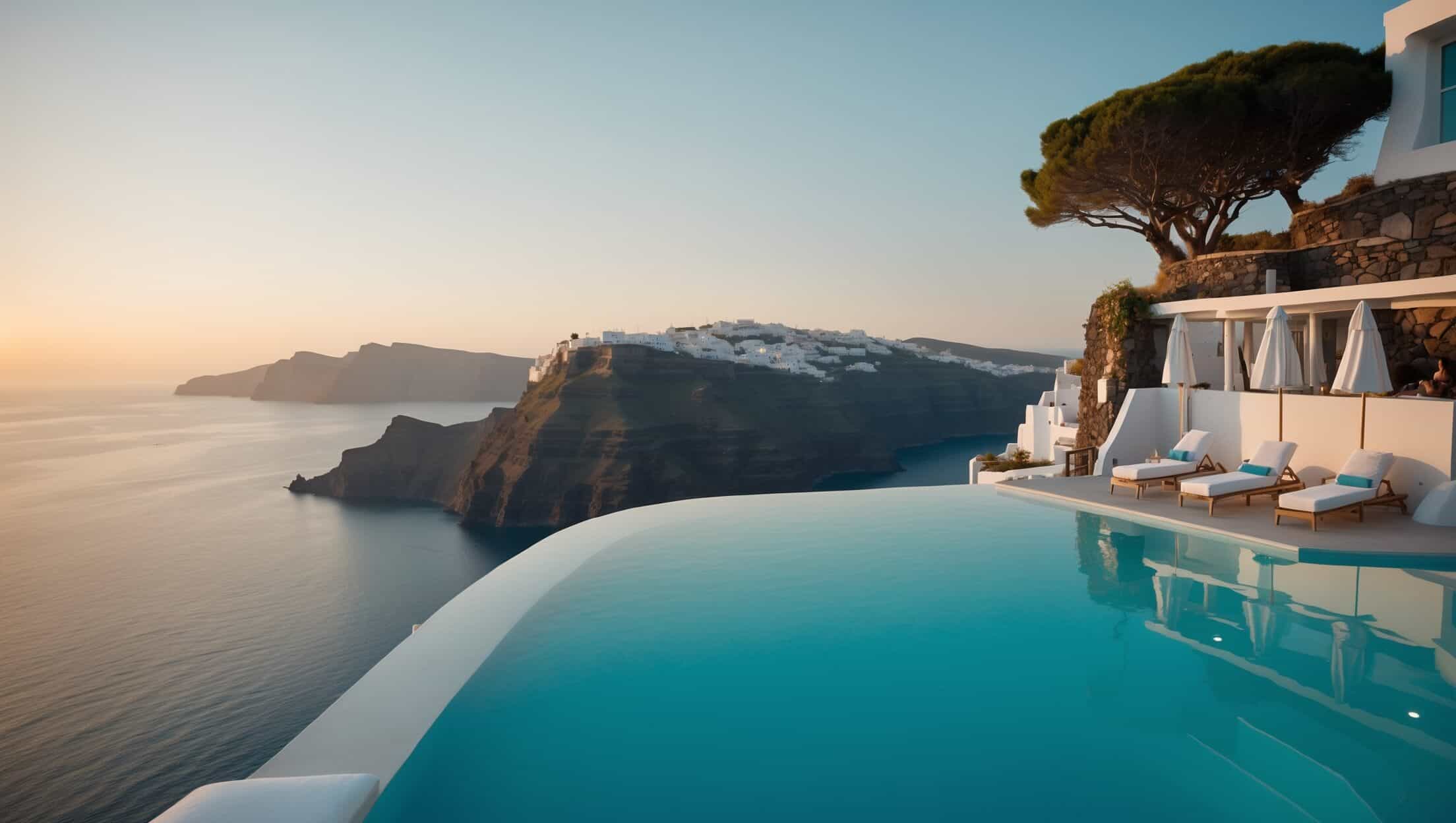 Infinity pool overlooking Santorini caldera at sunset.