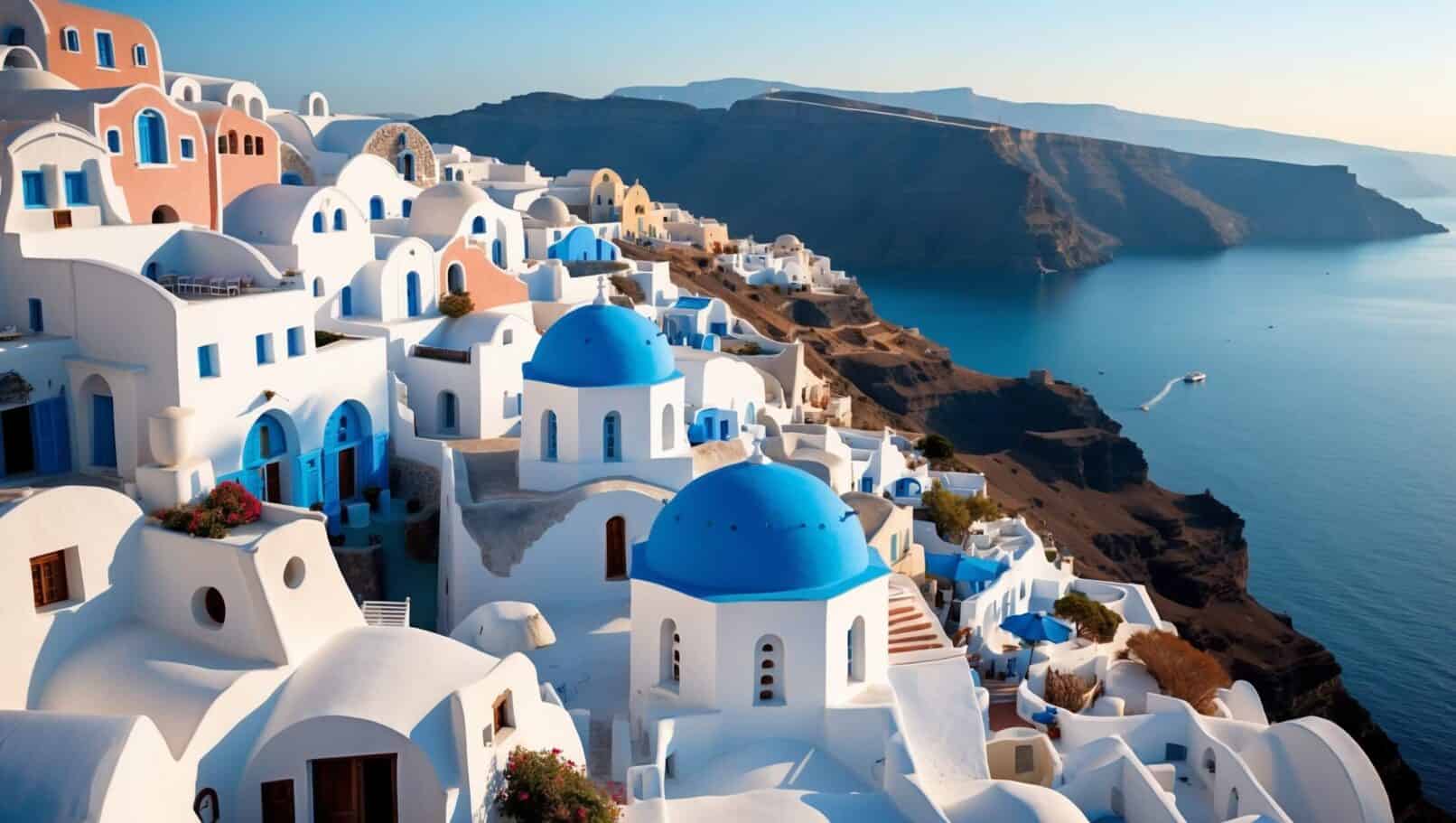 Iconic white buildings with blue domes overlooking the Aegean Sea in Santorini.