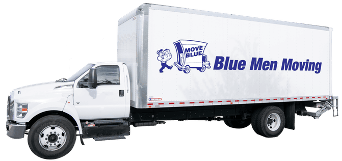 Moving truck with Blue Men Moving logo in Columbus, Ohio.