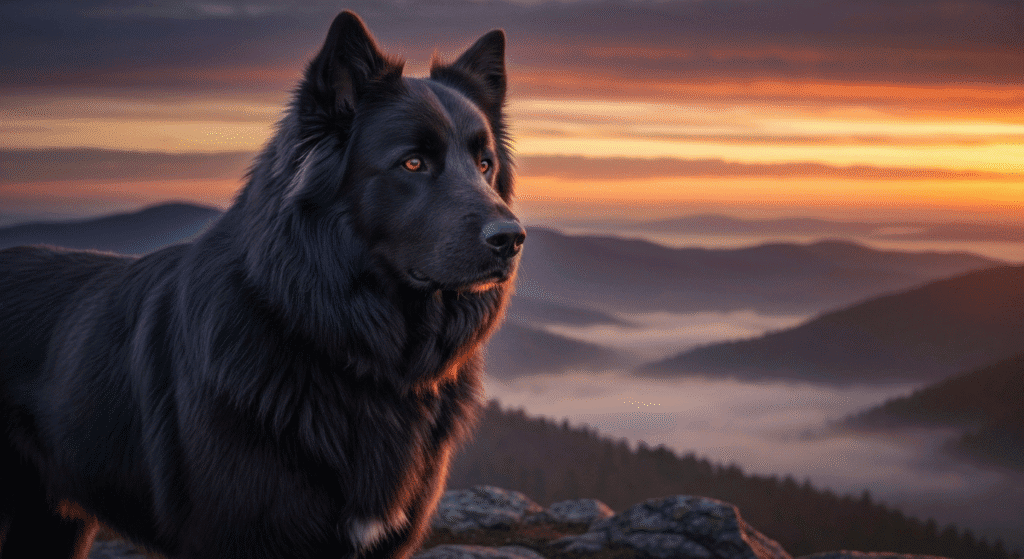 Black dog overlooking the Appalachian mountains at sunset.