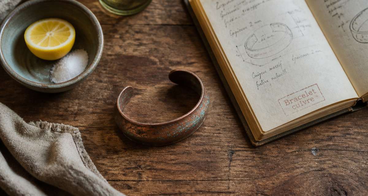bracelet cuivre massif patiné sur table bois