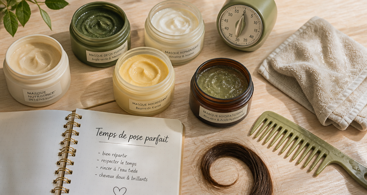 combien de temps laisser poser un masque cheveux, flacons ouverts et minuteur sur table de salle de bain