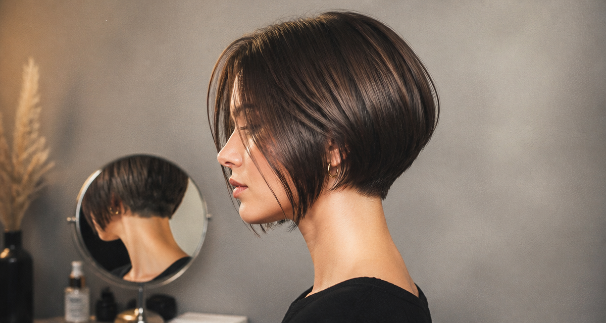 Coupe au carré court plongeant nuque dégagée femme profil