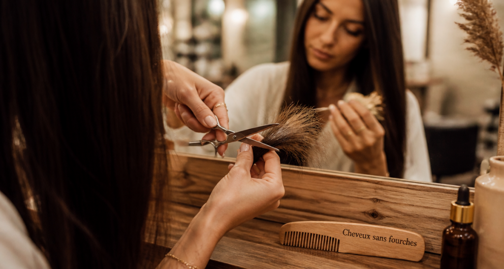 Couper fourches cheveux longs devant miroir