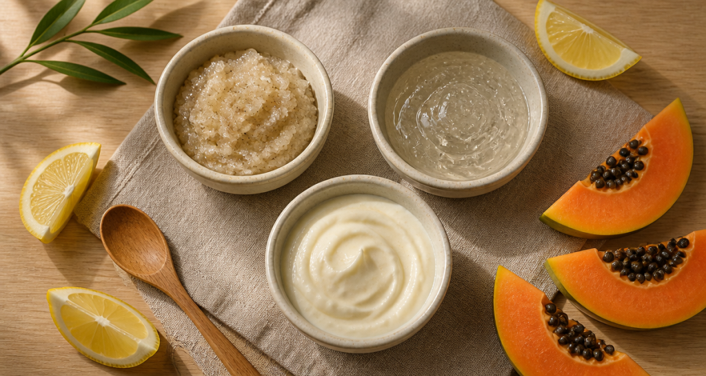Meilleur gommage visage, bols exfoliants naturels sur serviette en lin