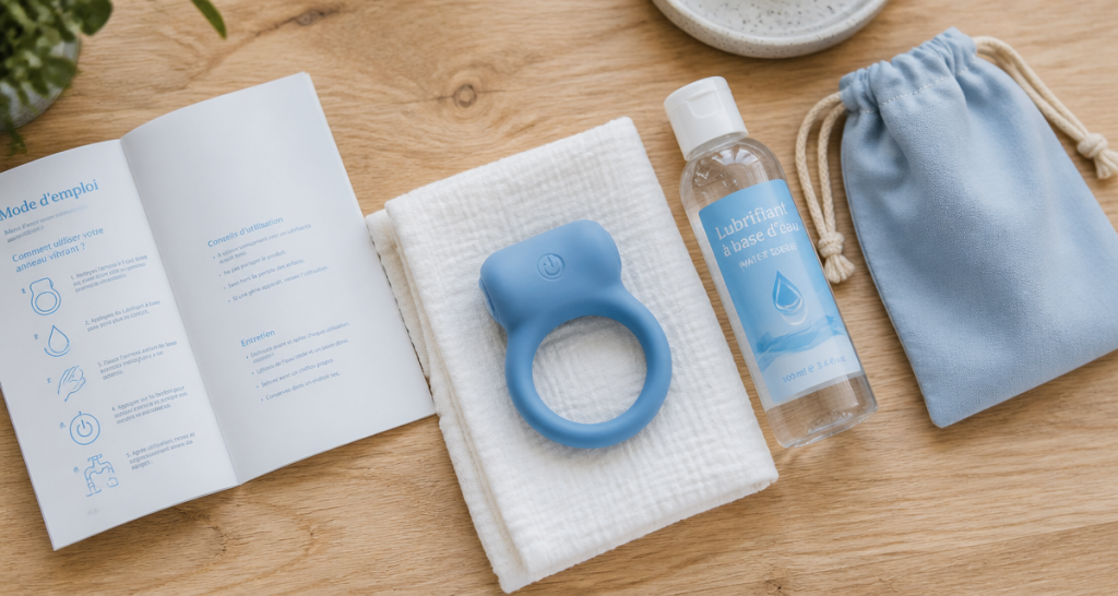 anneau vibrant homme silicone bleu sur table