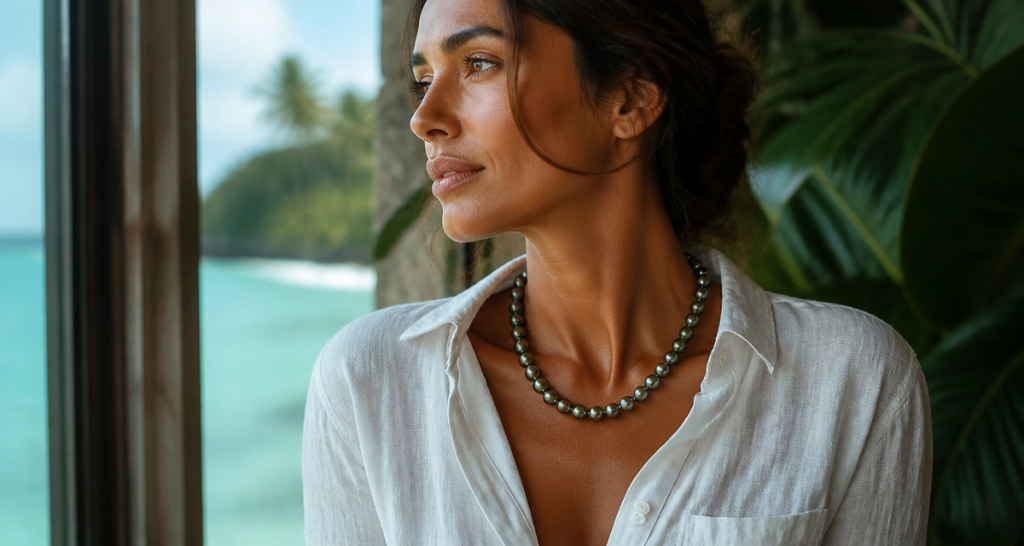collier de perles de tahiti sur femme bronzée