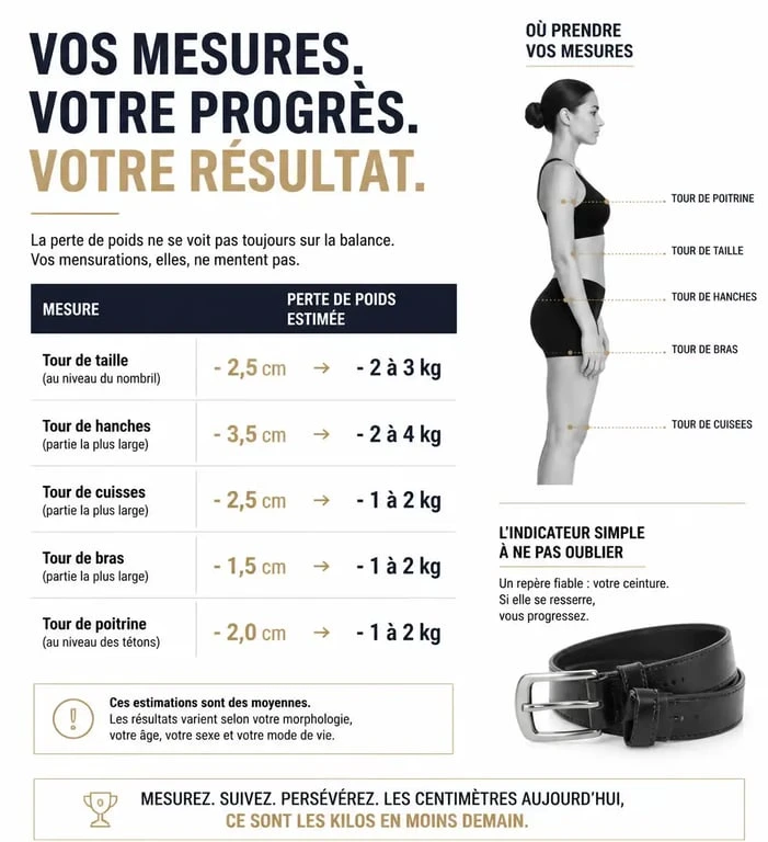 Infographie sur comment se peser sans balance : correspondance entre tour de taille et perte de poids.