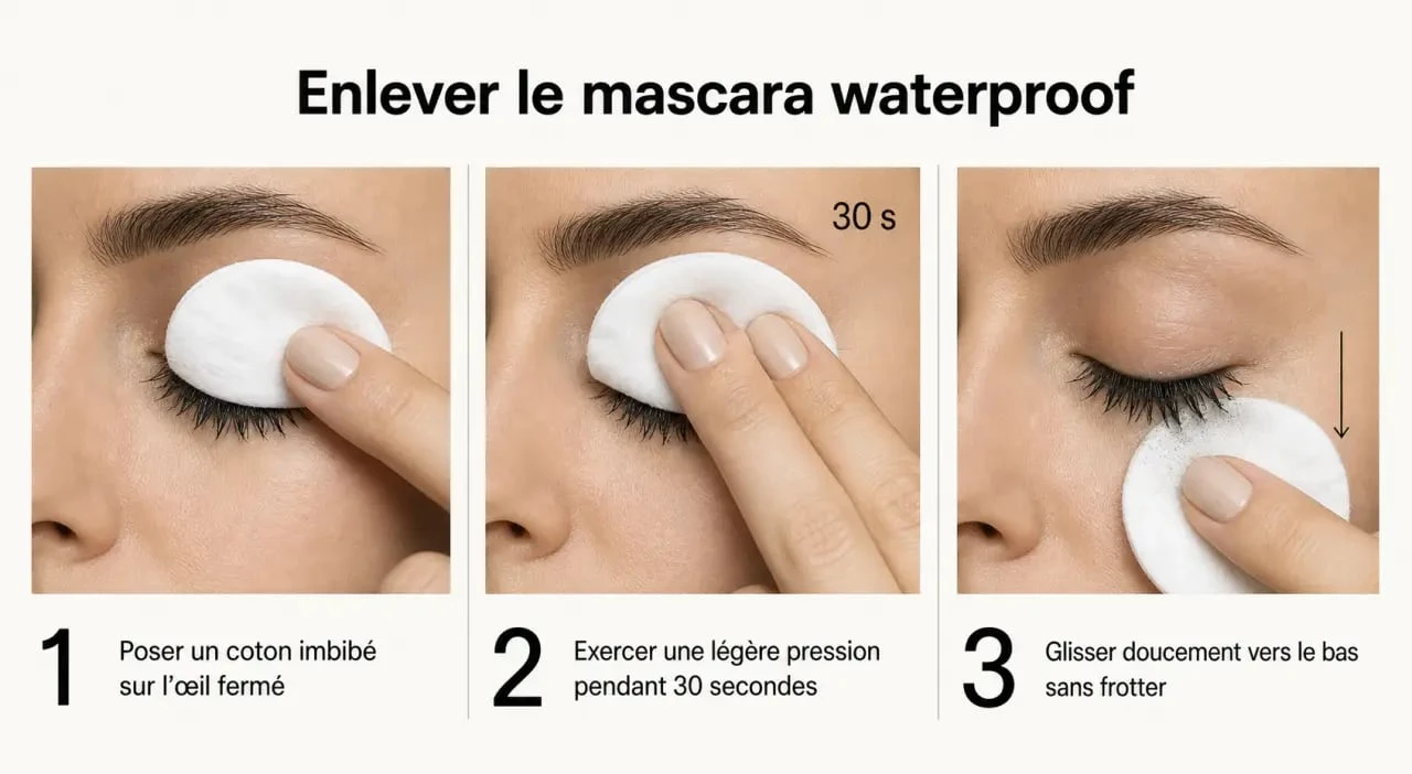 Illustration des étapes pour enlever le mascara waterproof sans abîmer les cils