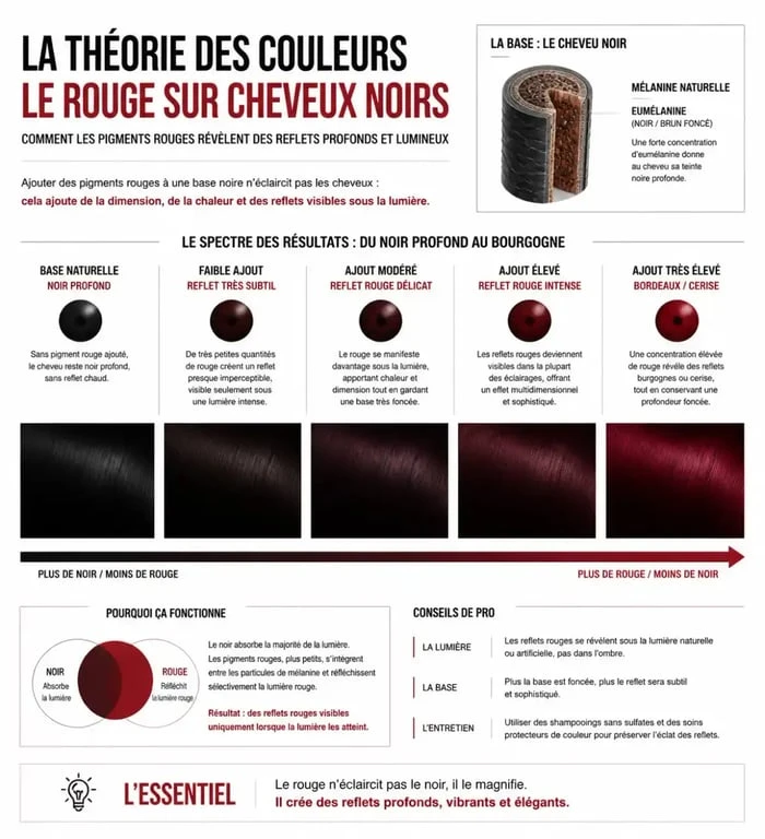 Infographie sur l'obtention de reflets rouges sur cheveux noirs