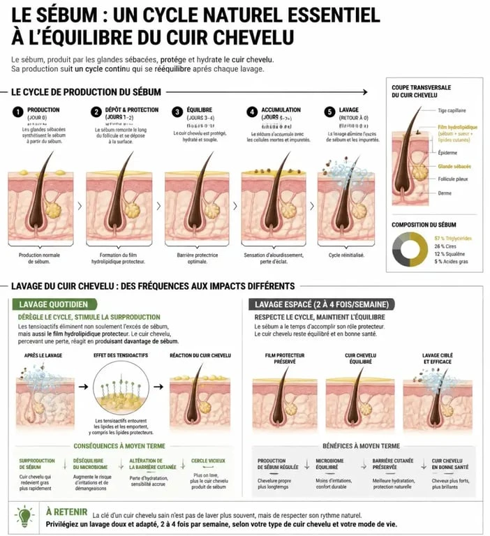 Infographie expliquant le cycle du sébum et l'impact de la fréquence de lavage sur la santé des cheveux