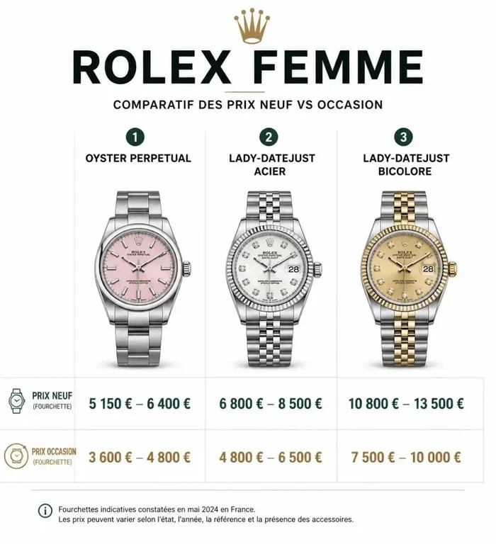 Comparatif des prix des montres Rolex pour femme entre le neuf et l'occasion pour choisir sa montre Rolex pas cher femme
