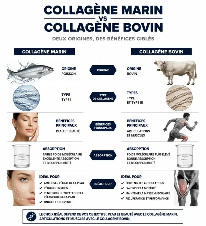 Infographie comparative : différence entre collagène marin et collagène bovin pour la santé