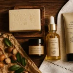 La maison des sultans : rituel argane, savon au lait de chèvre et huile d’argan sur table en bois