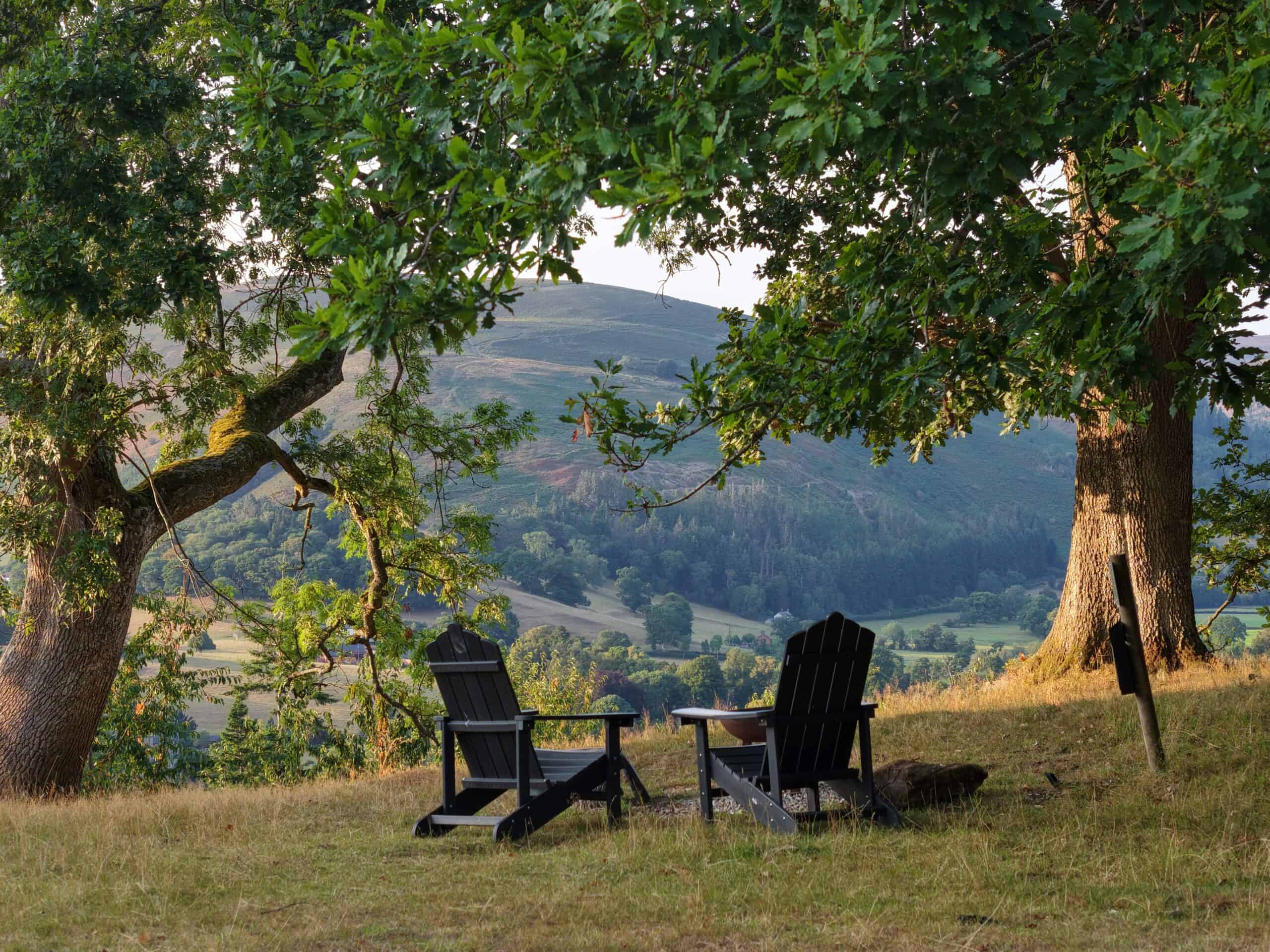 Secluded off-grid camping area with two Adirondack chairs under a large tree overlooking rolling hills and lush countryside, ideal for sustainable living and eco-friendly off-grid retreats.