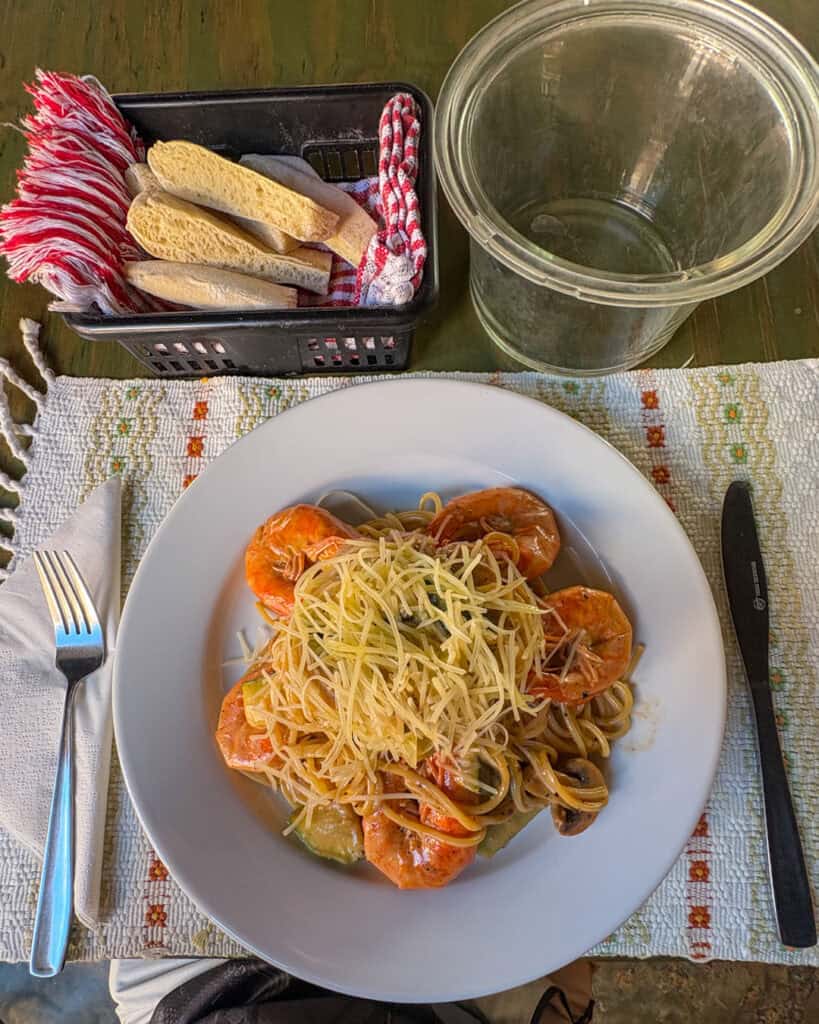 A spicy prawn pasta made in Bistro de Cielo in Flores Guatemala.