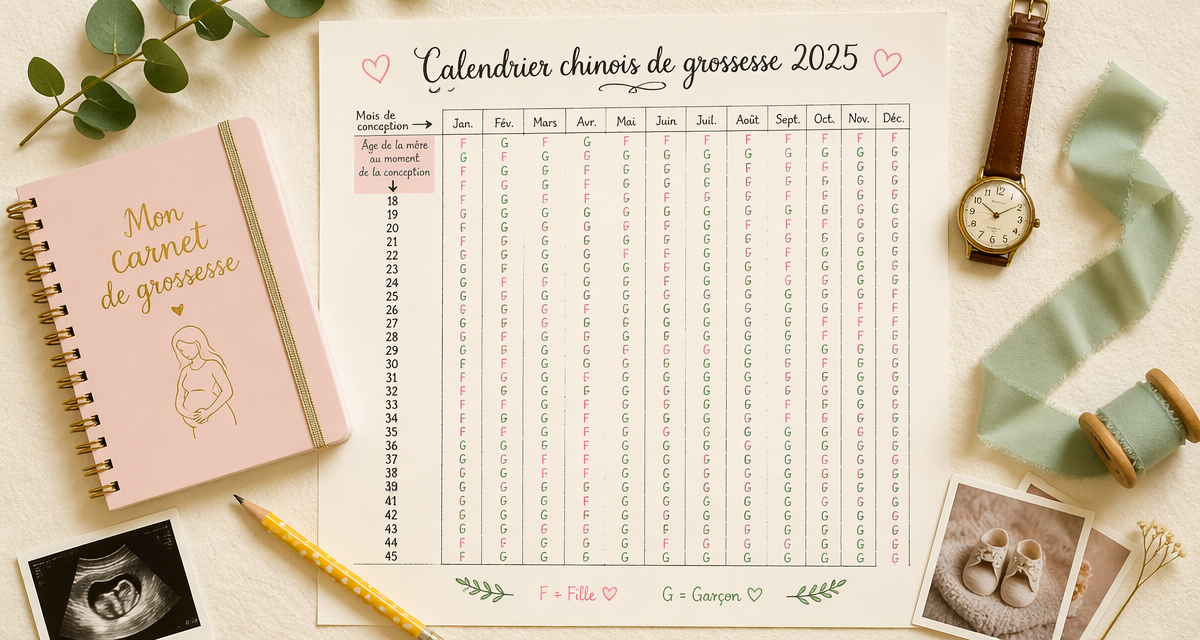 calendrier chinois grossesse 2025 manuscrit flat lay